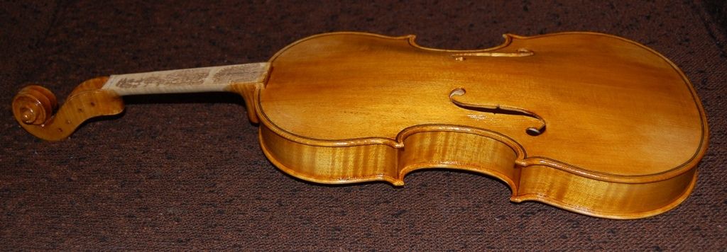 Fifth coat of varnish...side view of new violin.