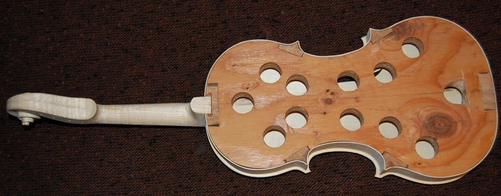 Back view of instrument with neck set, but mold still in place.