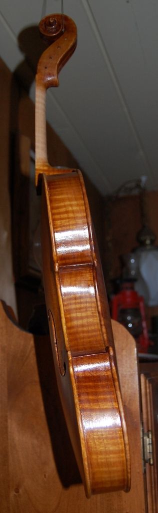 Side of viola, ready for final varnish coat.