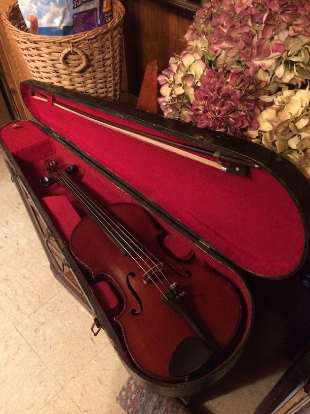 Case, with re-haired bow, and resurrected fiddle.