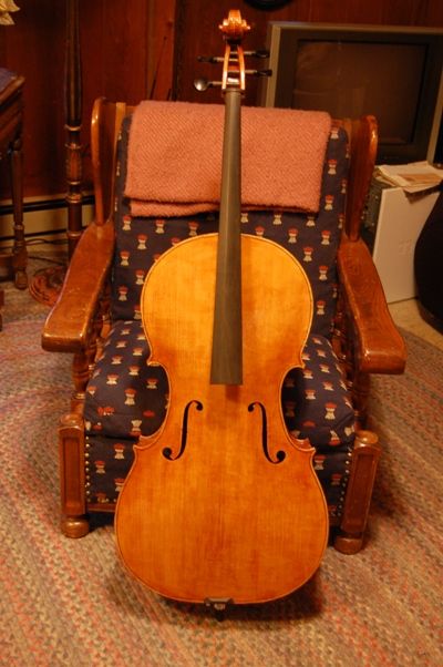 Cello front with nut, saddle, pegs and endpin.