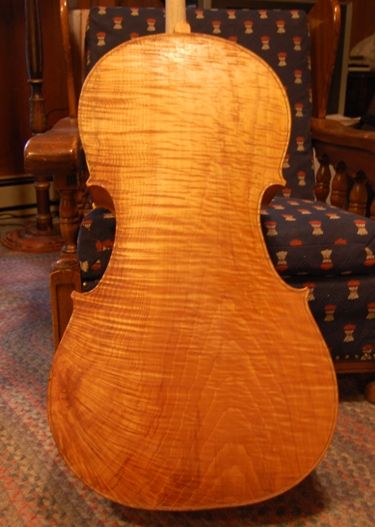 Showing the flame of a one-piece cello back, with one coat of varnish.