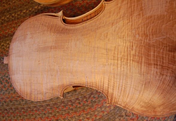 Completed purfling on one-piece cello back, before carving the channel.