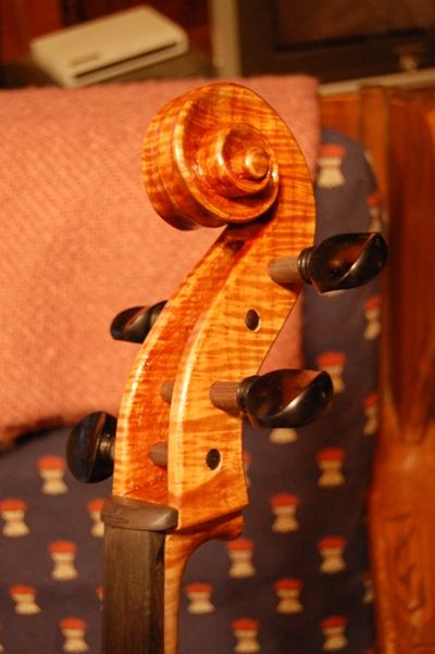 Cello scroll with nut and pegs.