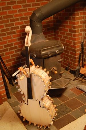Cello glue drying by woodstove.