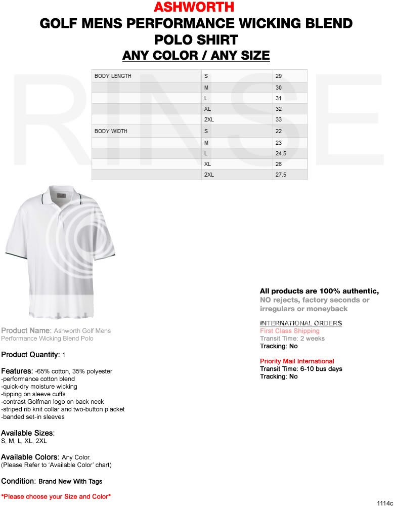 ASHWORTH GOLF MENS PERFORMANCE WICKING BLEND POLO SHIRT ANY CLR/SZE 